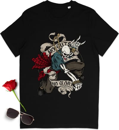 T shirt met skelet en quote: 'No Guts, No Glory' - Dames en heren tshirt - T-shirt vrouwen en mannen met print opdruk - Unisex maten: S t/m 3XL - Shirt kleuren: zwart, anthracite, Frence Navy en Burgundy (bordeaux rood).