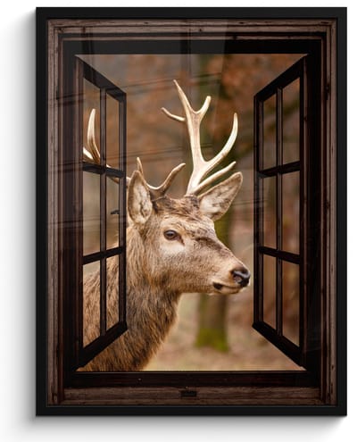 Poster in lijst - Fotolijst 50x70 cm - Posters - Hert - Dier - Bos - Herfst - Hertenkop - Bruin - Doorkijk - Posterlijst zwart - Decoratie - Wanddecoratie woonkamer - Muurdecoratie slaapkamer