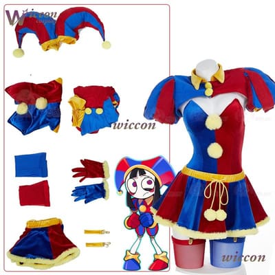 Clown Circus Cosplay Kostuum Ontwerp Volwassen Digitale Pomnii Pruik Hoed Fluweel Rok Cartoon Kerstfeest Carnavals Outfit M blue