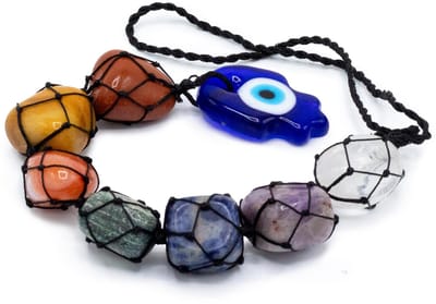 7 Chakra Edelstenen Hanger met Hamsa Hand & Blauw Oog | Hang Decoratie | Meditatie Accessoire | Ruwe Stenen Hanger | Muurdecoratie | Steen Hanger | Edel Stenen Accessoires | Mediteren | Hangend Ornament | Yoga | Reiki | 34x3.5cm