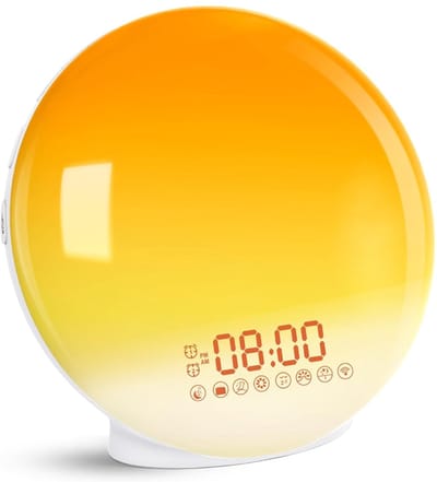 Wake Up Light wekker met zonsopgang-/zonsondergangsimulatie, twee alarmtijden, 7 natuurgeluiden, FM-radio en snooze-functie voor volwassenen en kinderen [Energieklasse F]