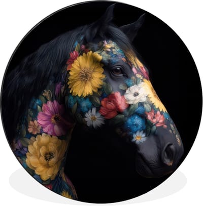 WallCircle - Wandcirkel - Muurcirkel - Paard - Bloemen - Zwart - Aluminium - Dibond - 30x30 cm - Binnen en Buiten