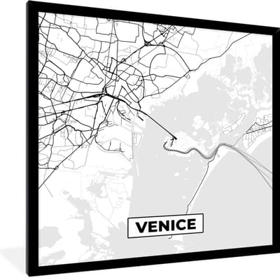 Fotolijst incl. Poster Zwart Wit- Venetië - Stadskaart - Plattegrond - Zwart Wit - Kaart - 40x40 cm - Posterlijst