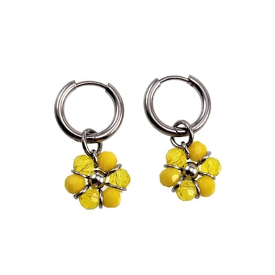 ∅14mm x 2mm Oorringen Dames - Gepolijst RVS - Geel Gefacetteerde Kristallen Bloem Hanger - Bungelende Oorbellen