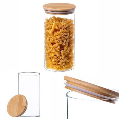 KADAX Glazen container met bamboedeksel, vaatwasmachinebestendige voorraadpotten, luchtdichte voorraaddozen, opbergpot, opbergdoos voor spaghetti, meel, muesli of koffie (rond, 1400 ml)