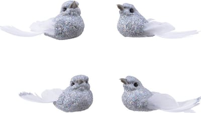4x Decoratie glitter vogeltjes zilver op clip 5 cm - Kerstboomversiering vogels - Hobby/knutsel materiaal