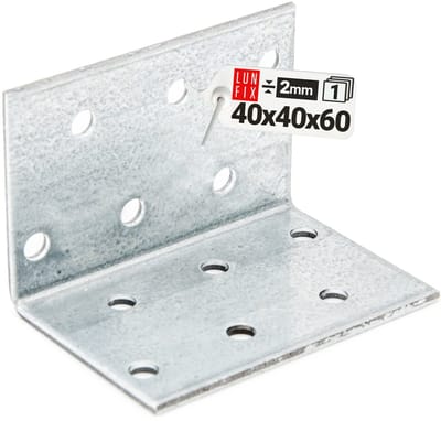 LUN FIX - Hoekverbinder + Gatplatenhoek 40x40x60x2 - 1 Stuk - Hoek - Kleine Montagehoek - Houtverbinder - Corrosiebescherming - Gathoek