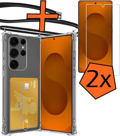 Hoesje Geschikt voor Samsung S25 Ultra Hoesje Met Telefoonketting Pasjeshouder Shockproof Case Met 2x Screenprotector Koord - Hoesje Geschikt voor Samsung Galaxy S25 Ultra Hoes Met Kaarthouder - Transparant