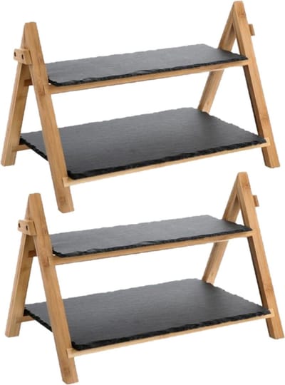Set van 2x stuks leisteen en bamboe dubbel laags serveerplank voor voedsel 40 x 25 x 27 cm. Hapjes serveren op de eettafel
