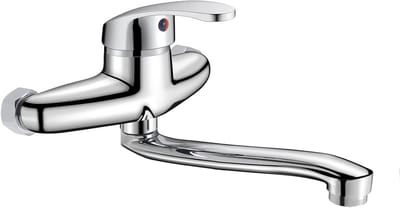 Muurbevestigde Waterkraan 25cm voor Keuken en Badkamer met 360° Draaifunctie, Koud en Warm Water, Enkele Hendel Mengkraan in Chroom Afwerking