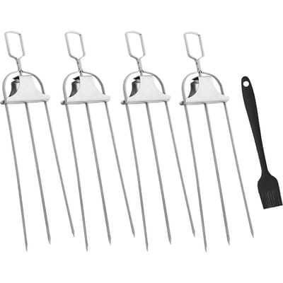 Brochettes en acier inoxydable pour barbecue semi-automatique, fourchette à trois dents pour griller la viande 4pcs