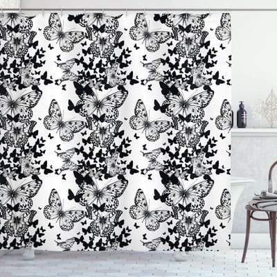 New Bed, Zwart-wit Vlindermotief Douchegordijn Badkamer Decor Set met Haakjes, 180 cm B 200 cm L