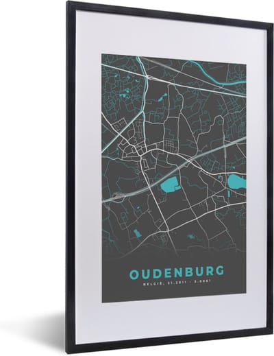 Fotolijst incl. Poster - Stadskaart – Grijs - Kaart – Oudenburg – België – Plattegrond - 40x60 cm - Posterlijst