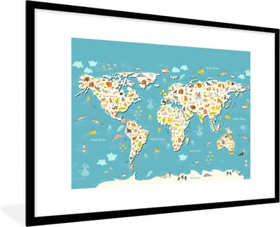Poster in lijst voor kinderen - Kinderkamer wanddecoratie - Schilderij kids - Wereldkaart - Kinderen - Dieren - Kind - Jongens - Meiden - 120x80 cm