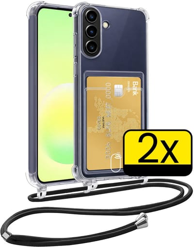 Hoesje Geschikt voor Samsung A57 Telefoonhoesje Met Koord Case Pashouder Siliconen - Hoes Geschikt voor Samsung Galaxy A57 Hoesje Met Kaarthouder - Transparant - 2 Stuks