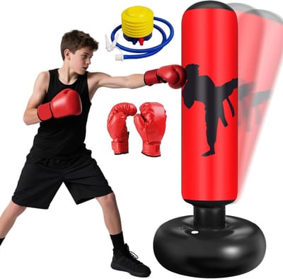 Boksbal - Boksbal opstandbaar - Opblaasbare boksbal - 160x60 cm - PVC materiaal - Inclusief handschoenen en pomp - Geschikt voor kinderen 3-12 jaar
