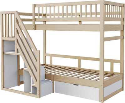Stapelbed - Kinderbed - Tienerbed-Houten Bed – Veiligheidshekje – Lattenbodem – Opbergtrap - Lades - Kinderkamer - 90x200 cm- Slaapruimte-Houtkleur