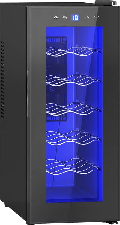 Killogood 12-flessen gekoelde wijnkast - 34L - enkel temperatuurzone 8-18°C - met anti-UV glazen deur - thermo-elektrisch - verstelbare planken - touchdisplay - LED-verlichting - energieklasse E - zwart