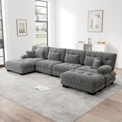 Wishdor - Modulair Hoekbankstel - Verplaatsbare Hockers - Modern - Voor Woonkamer - Chenille - Grijs