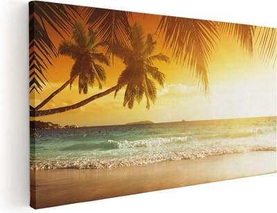 Artaza Canvas Schilderij Strand - 40x20 cm - Klein - Wanddecoratie Zee - Muurdecoratie Palmbomen - Schilderijen Op Canvas Zonsondergang