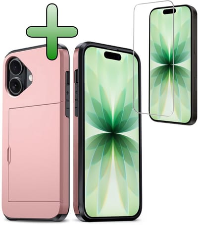 Hoes Geschikt voor iPhone 17 Hoesje Hard Case Met Pas Houder Met Screenprotector - Hoesje Geschikt voor iPhone 17 Hoes Shockproof Hard Cover Met Kaarthouder - Rosé goud