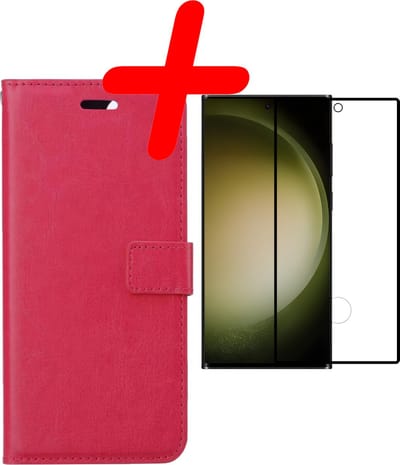 Hoesje Met Screenprotector - Geschikt voor Samsung Galaxy S23 Ultra - Luxe Pasjeshouder - Bookcase Portemonee - Flip Case - Kunstleer Book Case - Flipcase - Book Cover - Walletcase - Portemonneehoes - Donkerroze