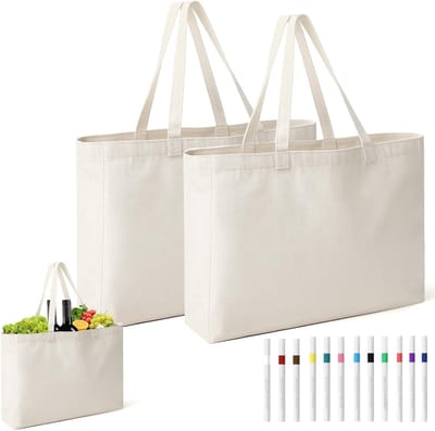 Grote Herbruikbare Jute Tas met 12 Kleurpotloden, Ideaal voor Schilderen en DIY Projecten, 45 × 35 × 8 cm, Duurzame Stoffen Tassen voor Winkel en Creativiteit
