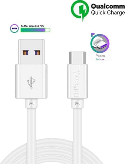 DrPhone FC1 - USB-C SuperCharge Kabel - 5A Output - Data + Oplaadkabel - 2 Meter - Geschikt voor HUAWEI - Wit