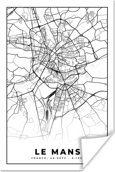 Poster Plattegrond - Kaart - Le Mans - Frankrijk - Stadskaart - Zwart wit - 120x180 cm XXL