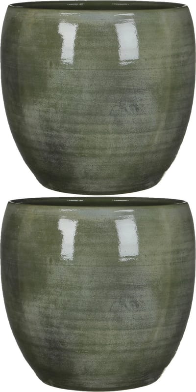 Mica Decorations Plantenpot - 2x stuks - groen - glans - keramiek - 33 x 31 cm - plantenpotten binnen
