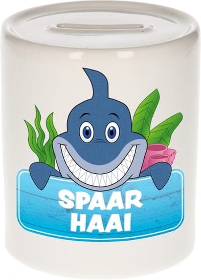 Kinder spaarpot met spaar haai opdruk - keramiek - haaien spaarpotten