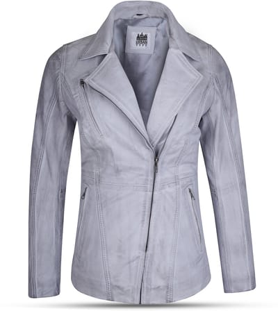 Urban 5884® Dames Leren Jas – Monica - 100% Lamsleer – Schuine Rits – Lichtgrijs Biker Style – MaatM