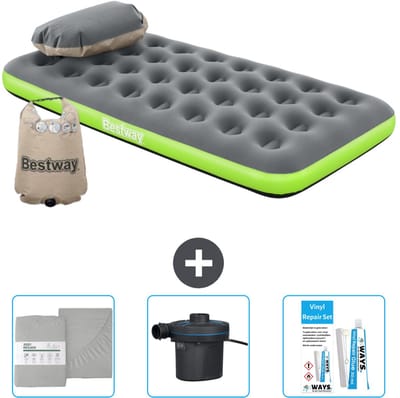 Bestway luchtbed - 1-Persoons - 99 x 188 x 22 cm - Grijs/Groen - Inclusief Hoeslaken - Pomp en Reparatieset