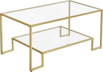 Glazen Salontafel - Woonkamertafel Rechthoekig - Decoratie Woonkamer - Twee Gehard Glasplanken - 100x55x45 cm - Goudkleurig