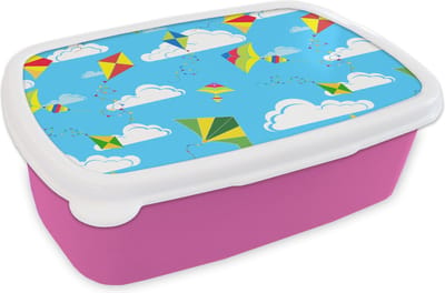Broodtrommel Roze - Lunchbox - Brooddoos - Vlieger - Zomer - Patroon - 18x12x6 cm - Kinderen - Meisje