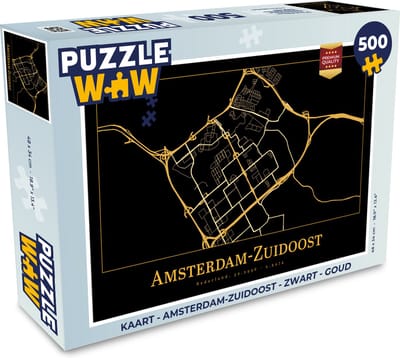 Puzzel Kaart - Amsterdam-Zuidoost - Zwart - Goud - Legpuzzel - Puzzel 500 stukjes