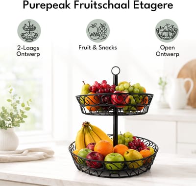 Purepeak Fruitschaal Etagere 2 Laags - Fruitmand - Zwart