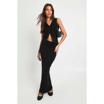 boohoo Dames Petite Chunky Rib V-hals Gebreide Vest en Maxi Rok Co-Ord | Black | Maat: Large