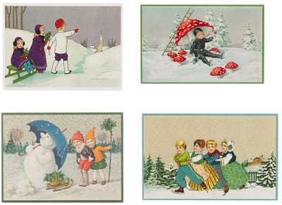 Nostalgische kerstkaarten - 4 stuks - Franz_Josef - Klassieke Vintage afbeeldingen - Winter - Sneeuw - Feestelijk - Jaarwisseling - Oude Brocante kerstkaarten 15X10,5 en 14X9