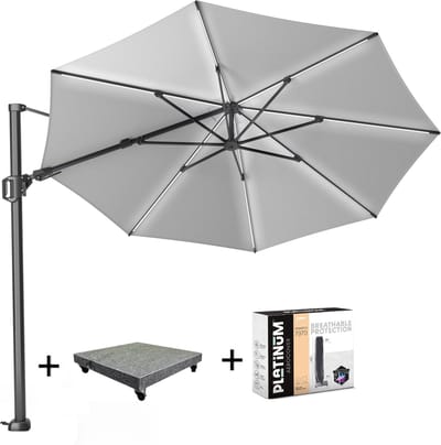 Challenger T2 glow zweefparasol 350 cm rond lichtgrijs met 120KG voet en hoes