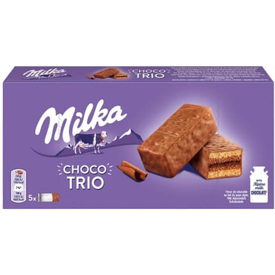 Gâteau Moelleux Milka Choco Trio avec garniture au cacao enrobé de chocolat au lait 150 g (5 pièces)