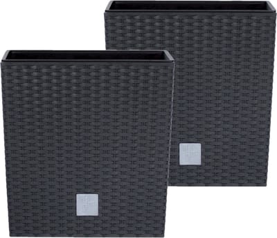 Prosperplast Bloempot/plantenpot Rato - 2x - rotan look - met binnenpot - antraciet - 32 x 32 x 33 cm - kunststof