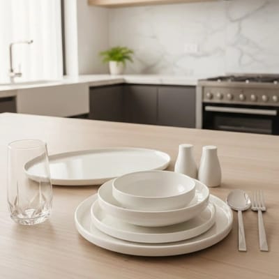 Bricard–diner-set–Lunel–magnetronbestendig–Ø27/21/18/14 cm&35x18 cm–wit–porselein,2 zout-/peperstrooiers