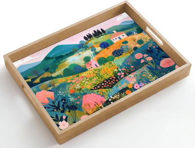 Dienblad hout 50x35 cm - Schootdienblad - Heuvellandschap - Fantasierijk - Kleurcontrasten - Borrelplank rechthoek - Plateau dienbladen
