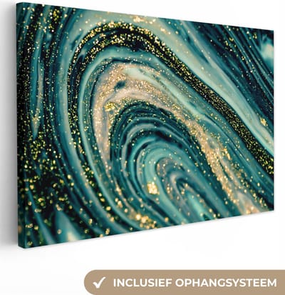 Canvas schilderij 150x100 cm - Wanddecoratie Marmerlook - Luxe - Goud - Turquoise - Glitter - Muurdecoratie woonkamer - Slaapkamer decoratie - Kamer accessoires - Schilderijen op canvas