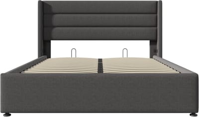 COVREO Bedframe 160x200 cm grijs, stof, opbergruimte, zonder matras