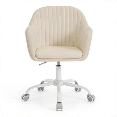 OKWISH Bureaustoel Met Wieltjes – Ergonomische Rugsteun – In Hoogte Verstelbaar En 360° Draaibaar – Voor Thuiswerk, Slaapkamer En Studio – Metaal En Fluweel – Crèmewit