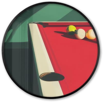Poster in lijst Rond - Fotolijst 60x60 cm - Posters - Biljarttafel - Ballen - Rood - Schaduw - Ronde posterlijst zwart - Decoratie - Wanddecoratie woonkamer - Muurdecoratie slaapkamer