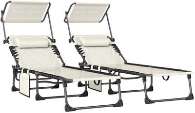 NordHaus Opvouwbare Ligstoelen Set - Tuinligbedden - Relaxstoelen met Parasol - 5 Verstelbare Posities - Wit 190x57 cm