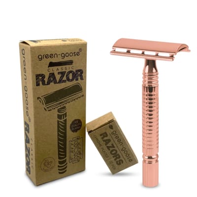 green-goose® Klassiek Scheerset | Met 10 Scheermesjes | Roze Goud | Duurzaam Scheren | Metalen Scheermes